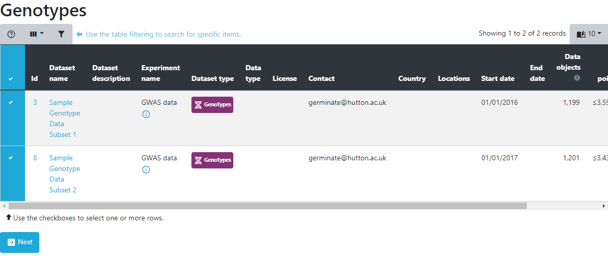 Genotypic export dataset selection